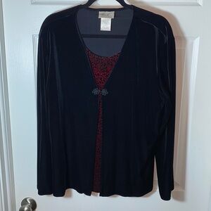 Vintage Kathie Lee Velour Top Red Black  Size XL Pullover Cardigan Holiday